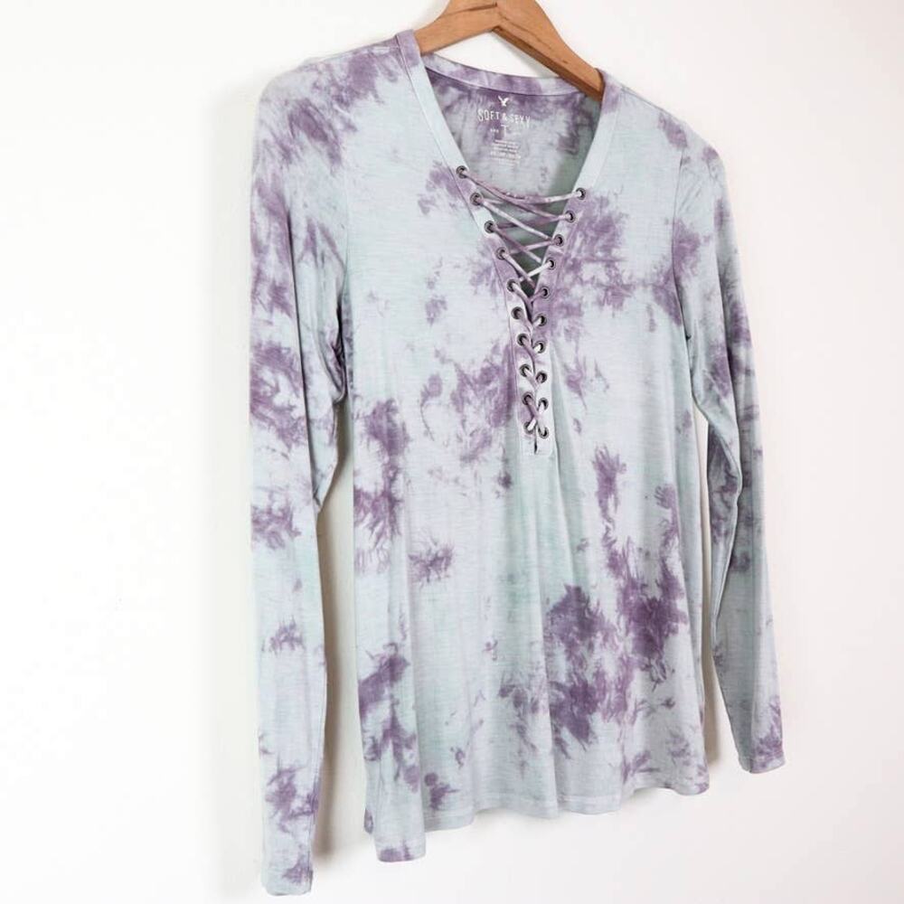 AEO Size XS Soft & Sexy Ladder Front Tee Shirt Tie Dye Purple Blue - Picture 2 of 9